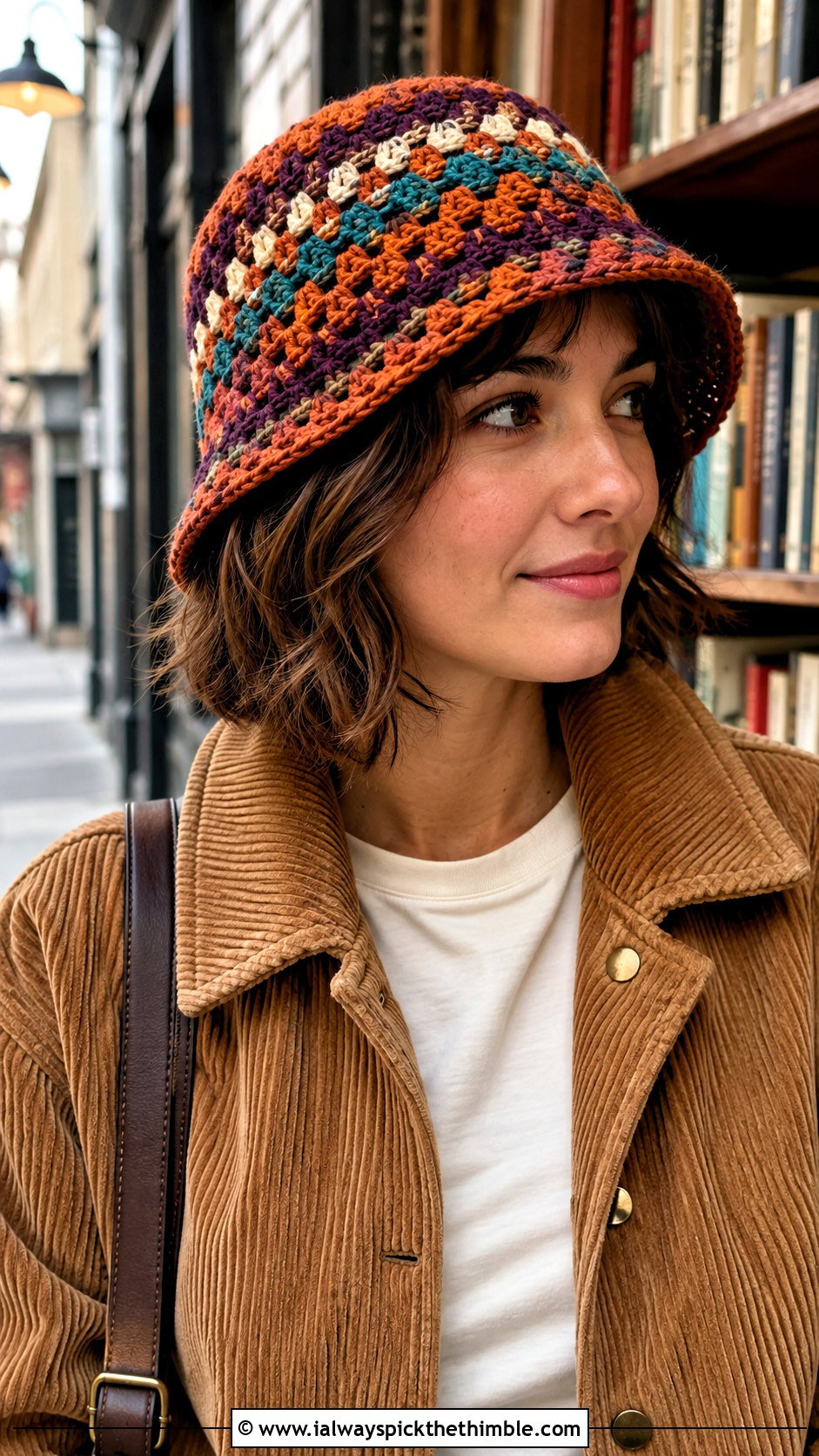Granny Stripe Crochet Link Hat With Corduroy Jacket - 20 crochet link hat outfit ideas