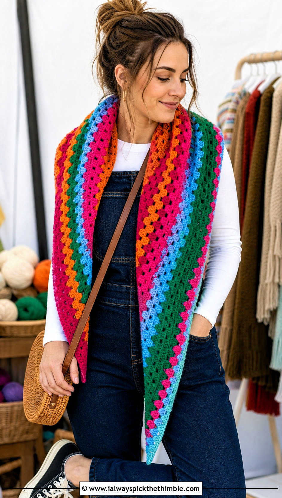 Granny Stripe Crochet Mantle Scarf With Overalls - 20 Crochet Mantle Scarf outfit ideas
