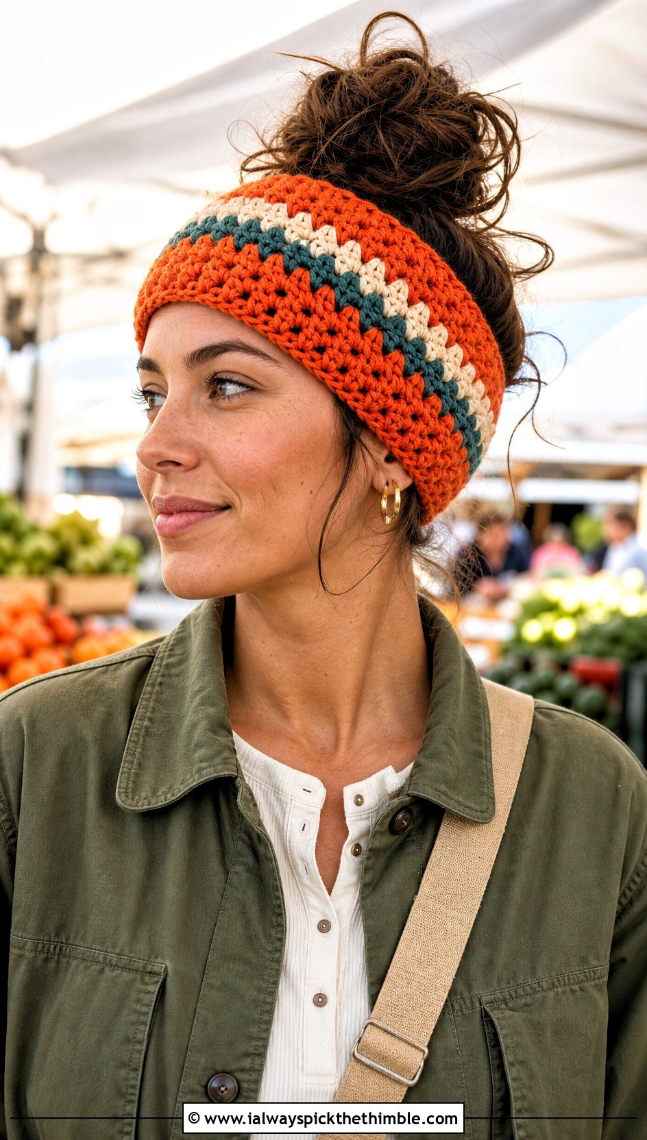 Granny Stripe Crochet Messy Bun Ear Warmer With Chore Jacket - 20 Crochet Messy Bun Ear Warmer outfit ideas