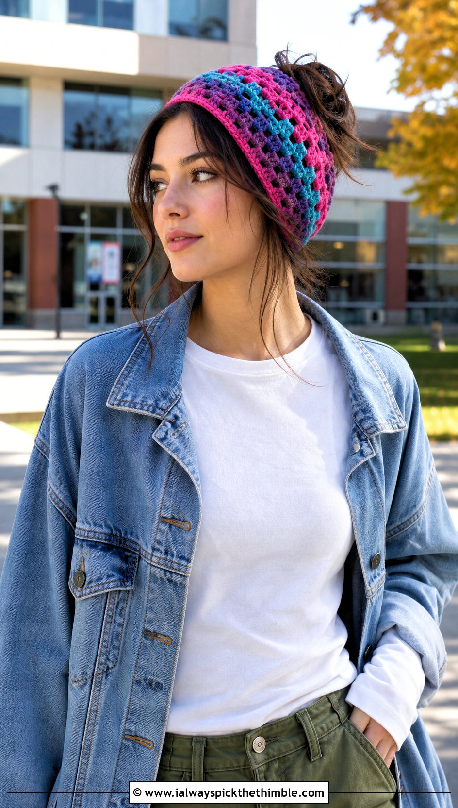 Granny Stripe Crochet Messy Bun Hat With Elastic And Denim Jacket - 20 Crochet Messy Bun Hat With Elastic outfit ideas