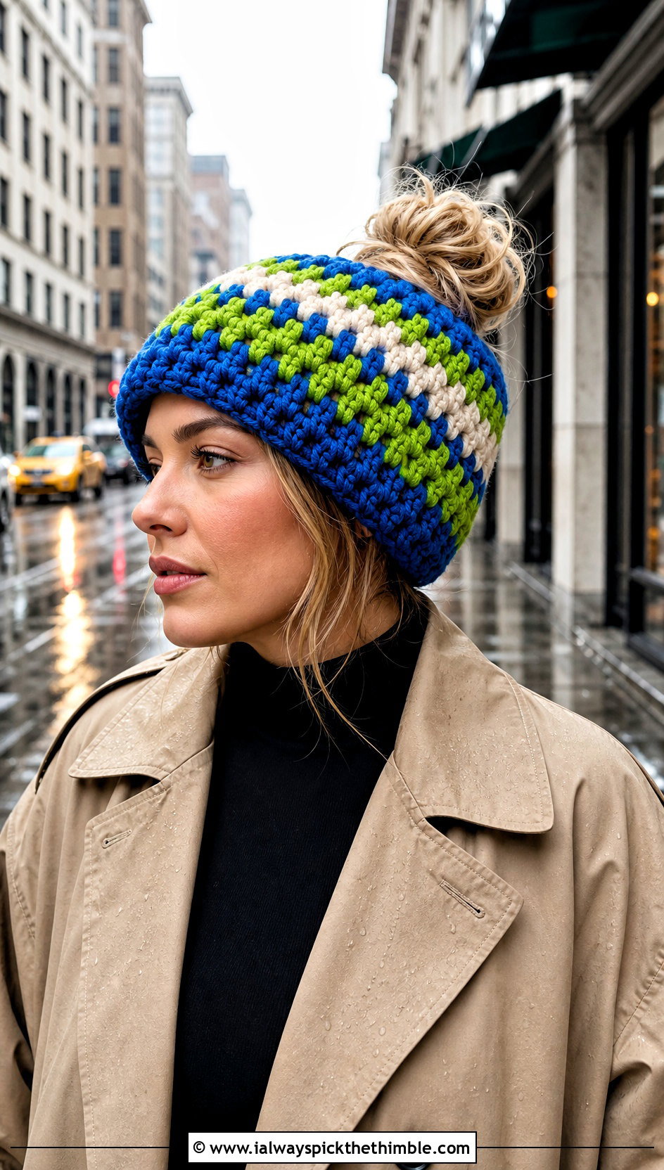 Granny Stripe Crochet Messy Bun Hat With Trench Coat - 20 Crochet Messy Bun Hat Bulky Yarn outfit ideas