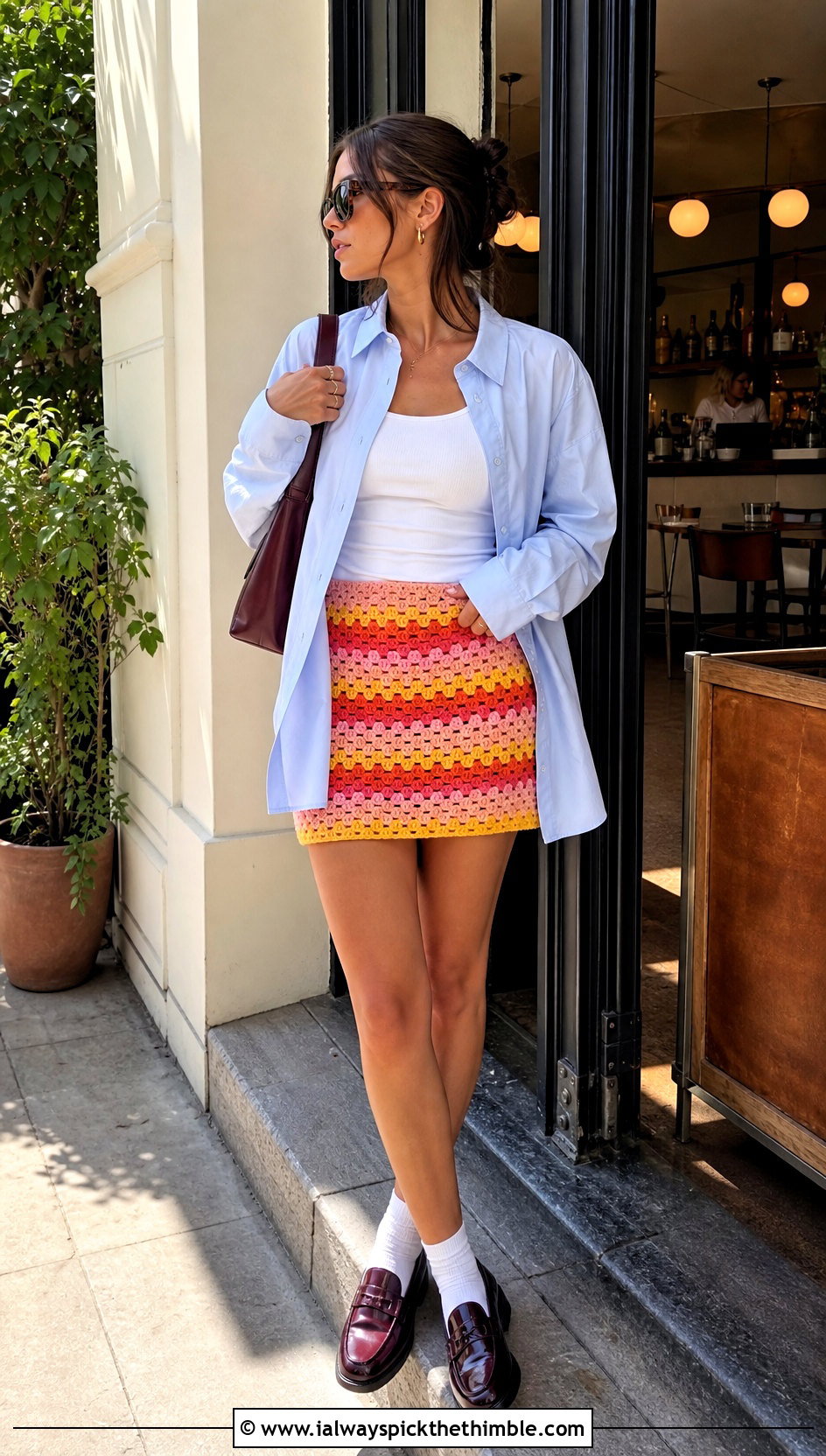 Granny Stripe Crochet Mini Skirt With Oversized Shirt - 20 striped crochet skirt outfit ideas