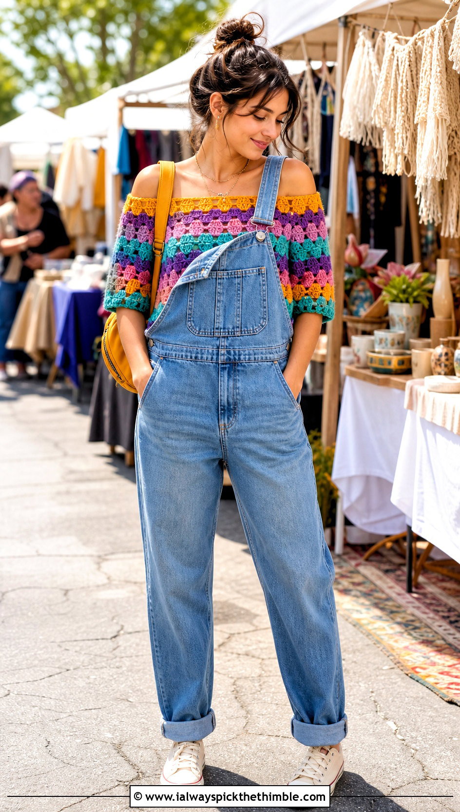 Granny Stripe Crochet Off The Shoulder Top With Denim Overalls - 25 Crochet Off The Shoulder Top outfit ideas
