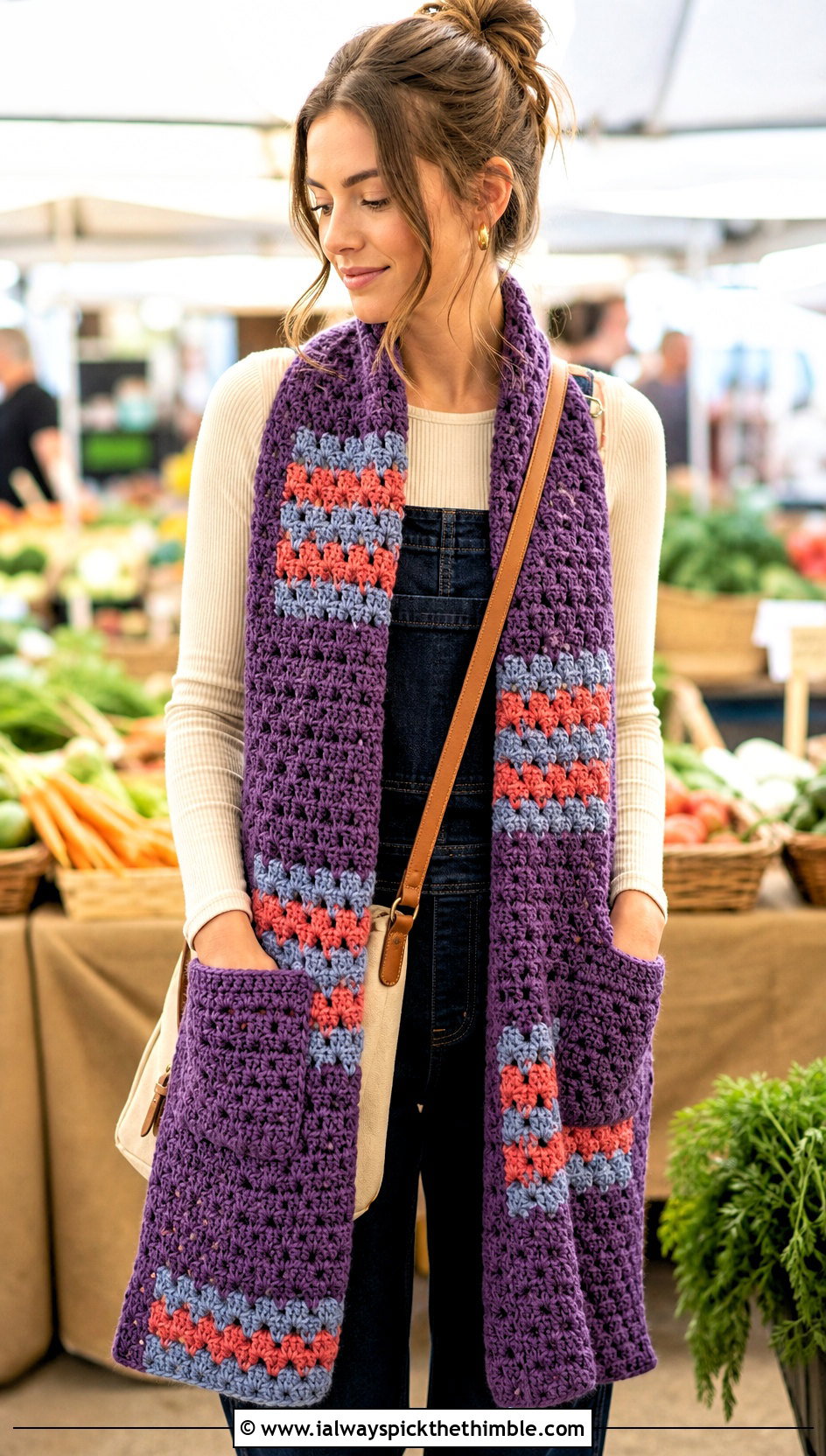 Granny Stripe Crochet Pocket Scarf With Overalls - 15 Crochet Scarf With Hand Pockets outfit ideas