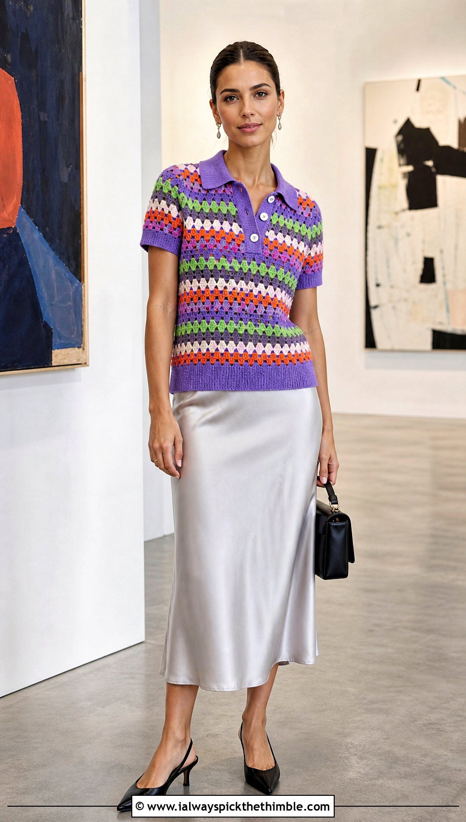 Granny Stripe Crochet Polo Shirt With Satin Midi Skirt - 20 women crochet polo shirt outfit ideas