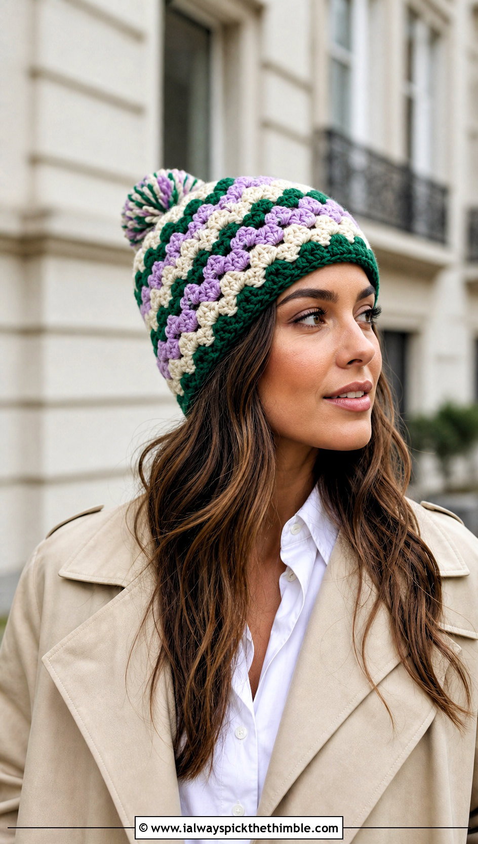 Granny Stripe Crochet Pom Pom Beanie With Trench Coat - 20 crochet beanie with pom pom outfit ideas