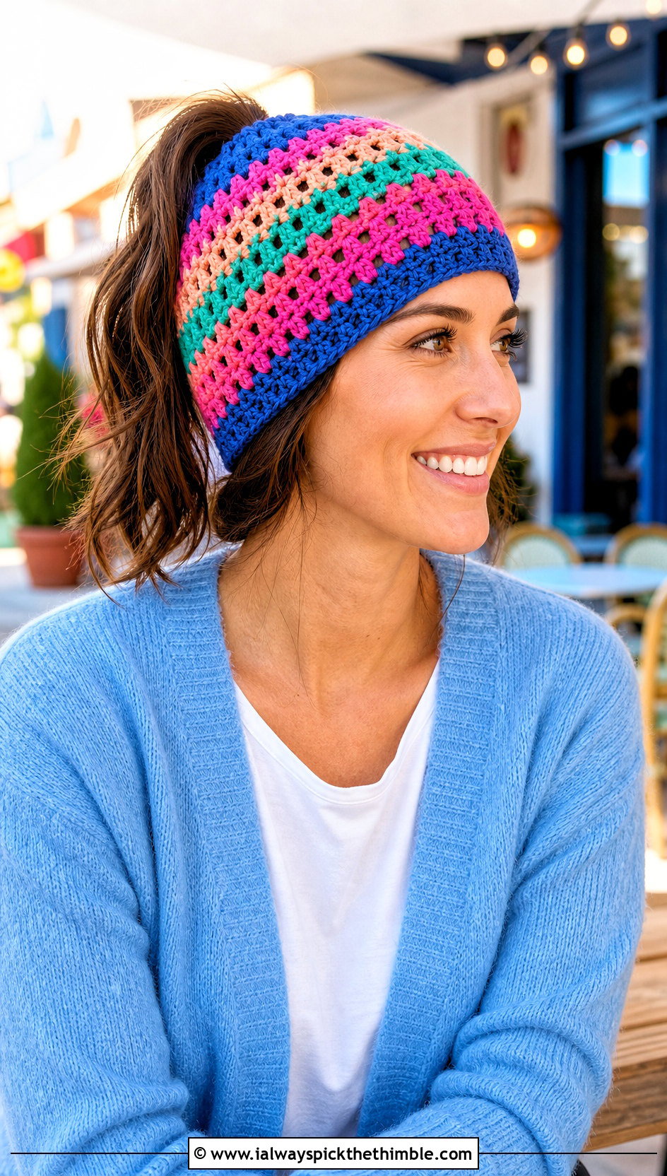 Granny Stripe Crochet Ponytail Beanie With Cardigan And Jeans - 20 Crochet Ponytail Beanie outfit ideas