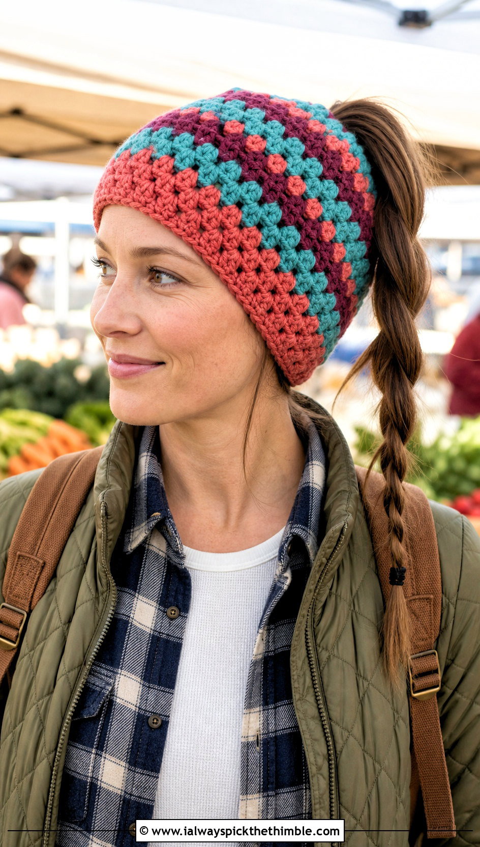 Granny Stripe Crochet Ponytail Beanie With Flannel Shirt - 20 Crochet Beanie With Ponytail Hole Hat outfit ideas