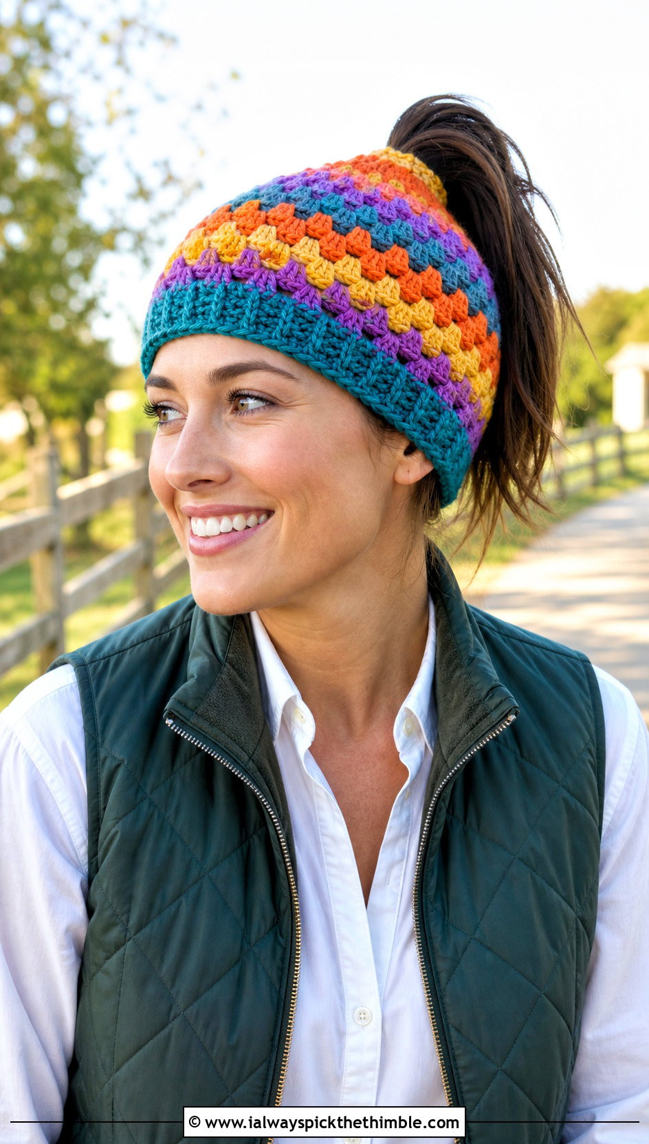 Granny Stripe Crochet Ponytail Hat With Quilted Vest - 20 easy crochet ponytail hat outfit ideas