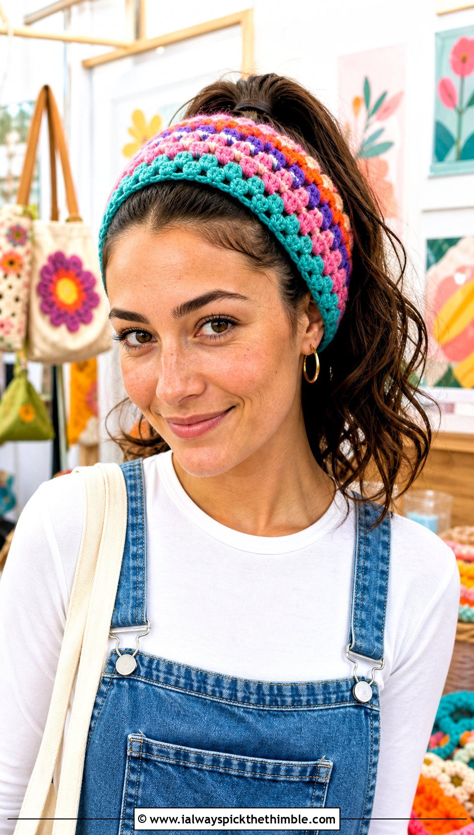 Granny Stripe Crochet Ponytail Headband With Overalls - 20 Crochet Ponytail Headband outfit ideas