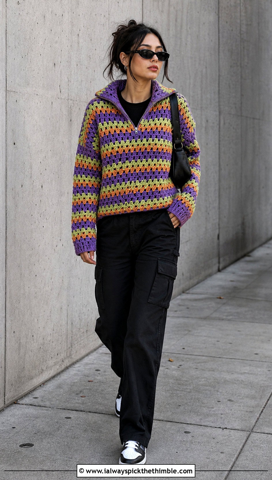 Granny Stripe Crochet Quarter Zip Sweater With Black Cargo Pants - 20 crochet quarter zip sweater outfit ideas