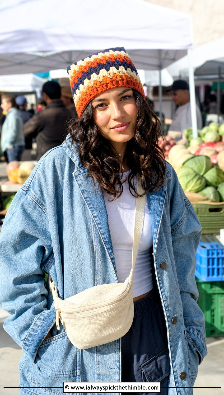 Granny Stripe Crochet Rectangle Beanie With Denim Jacket And Cargo Pants - 20 Crochet Rectangle Beanie outfit ideas