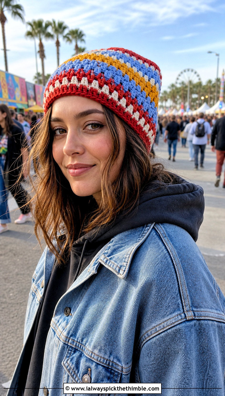 Granny Stripe Crochet Rectangle Beanie With Denim Jacket - 20 Crochet Rectangle Hat outfit ideas