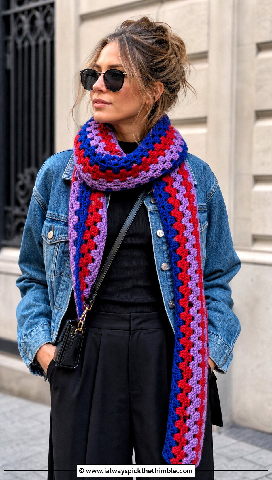 Granny Stripe Crochet Sally Scarf With Denim Jacket And Black Pants - 20 Crochet Sally Scarf outfit ideas