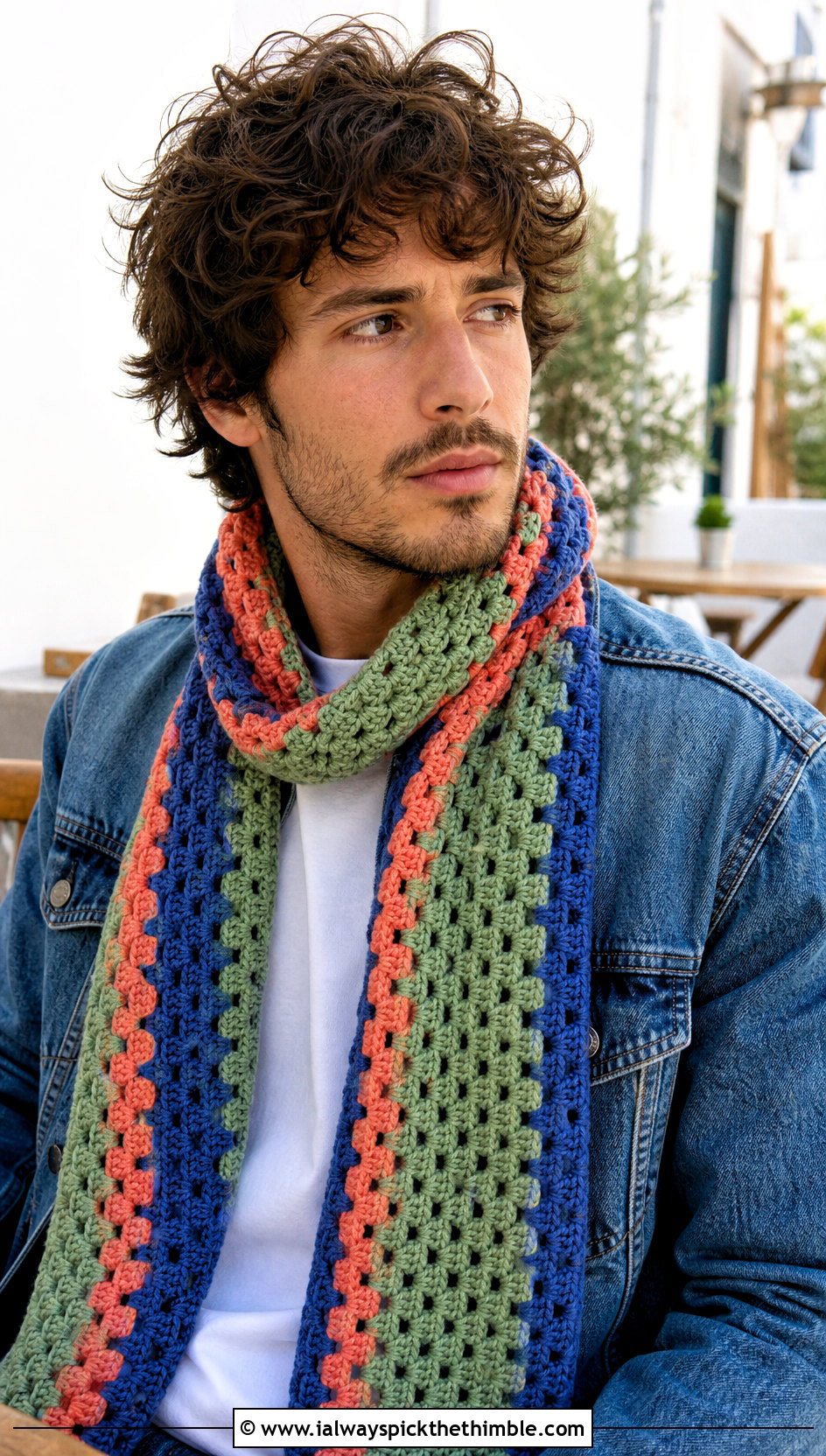 Granny Stripe Crochet Scarf With Denim Jacket - 20 easy crochet scarf men outfit ideas