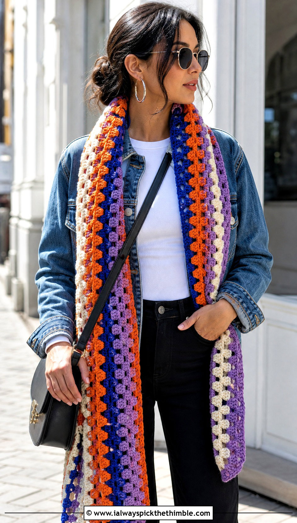 Granny Stripe Crochet Scarf With Denim Jacket - 20 Stripe Crochet Scarf outfit ideas
