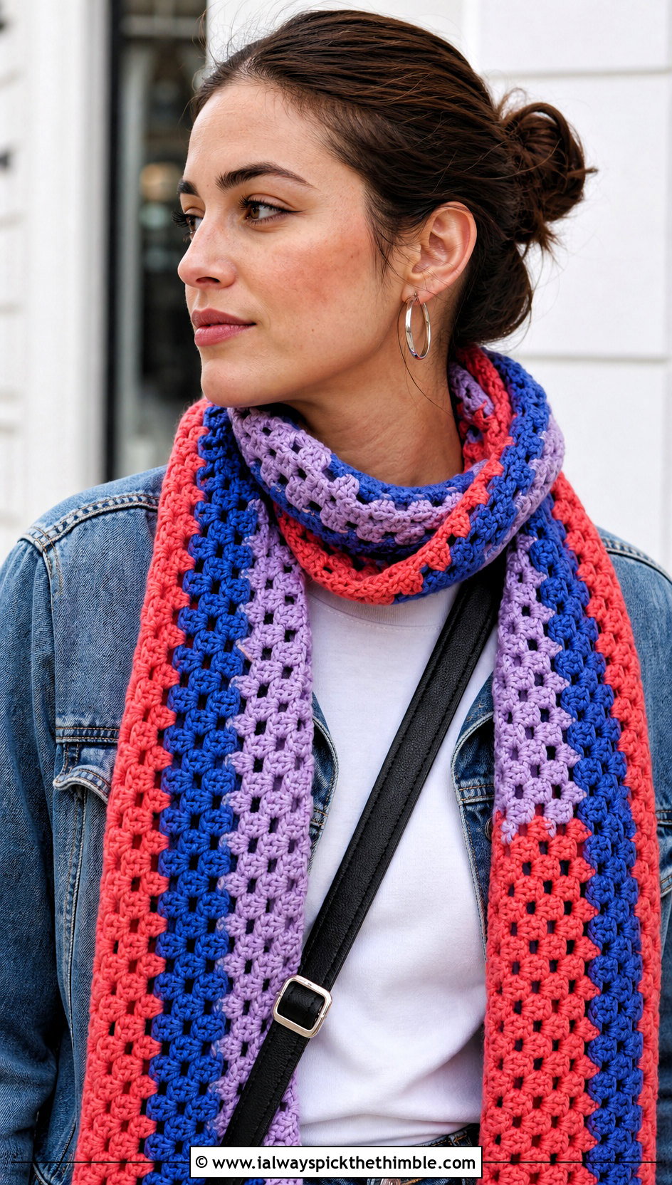 Granny Stripe Crochet Scarf With Denim Jacket - 20 striped crochet scarf outfit ideas