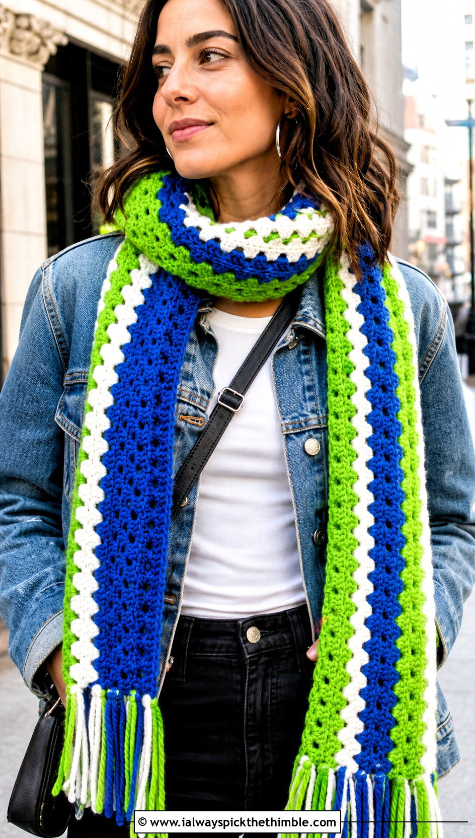 Granny Stripe Crochet Scarf With Denim Jacket - 20 crochet striped scarf outfit ideas