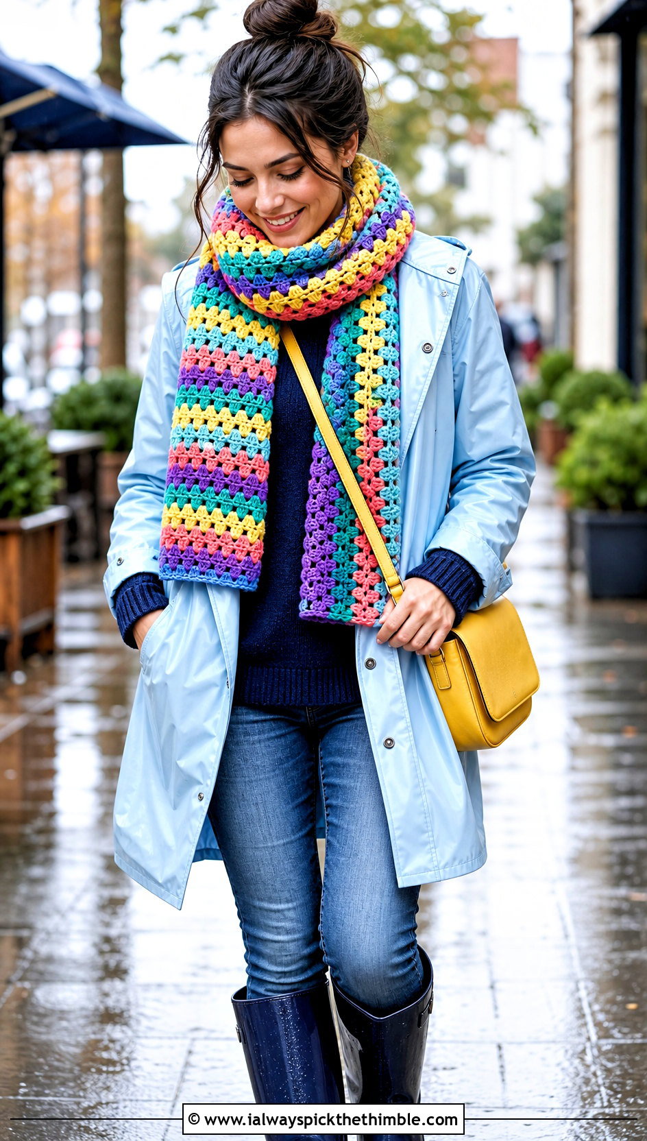 Granny Stripe Crochet Scarf With Raincoat - 20 multi colored crochet scarf outfit ideas