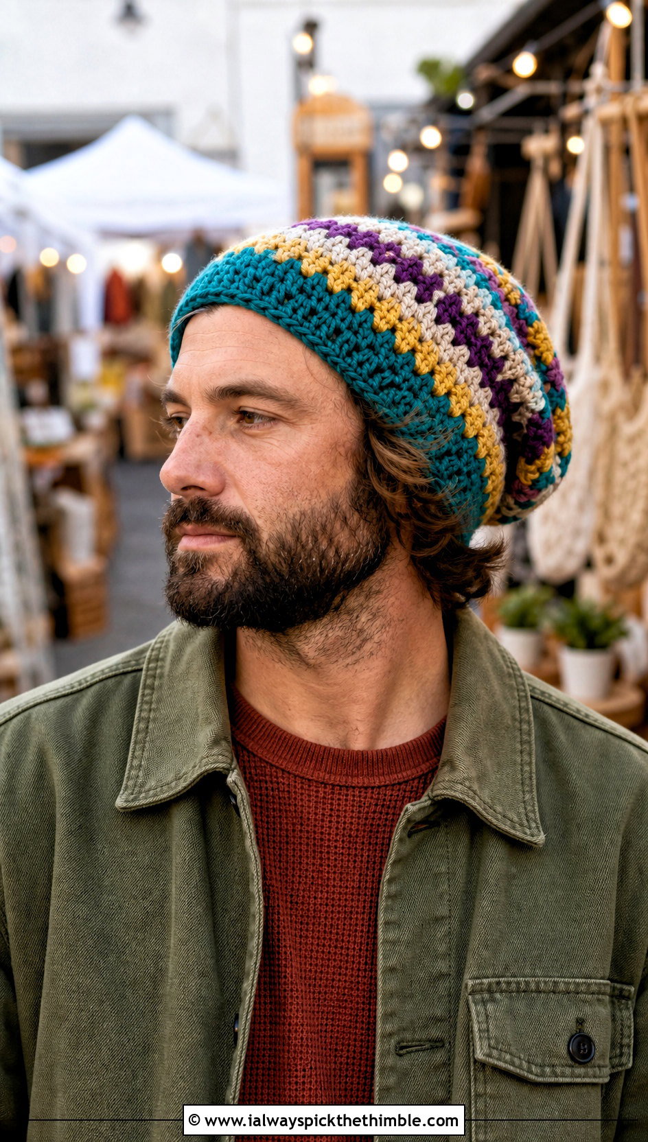 Granny Stripe Crochet Slouchy Beanie With Workwear Jacket - 25 Crochet Slouchy Hat Mens Slouch Beanie outfit ideas
