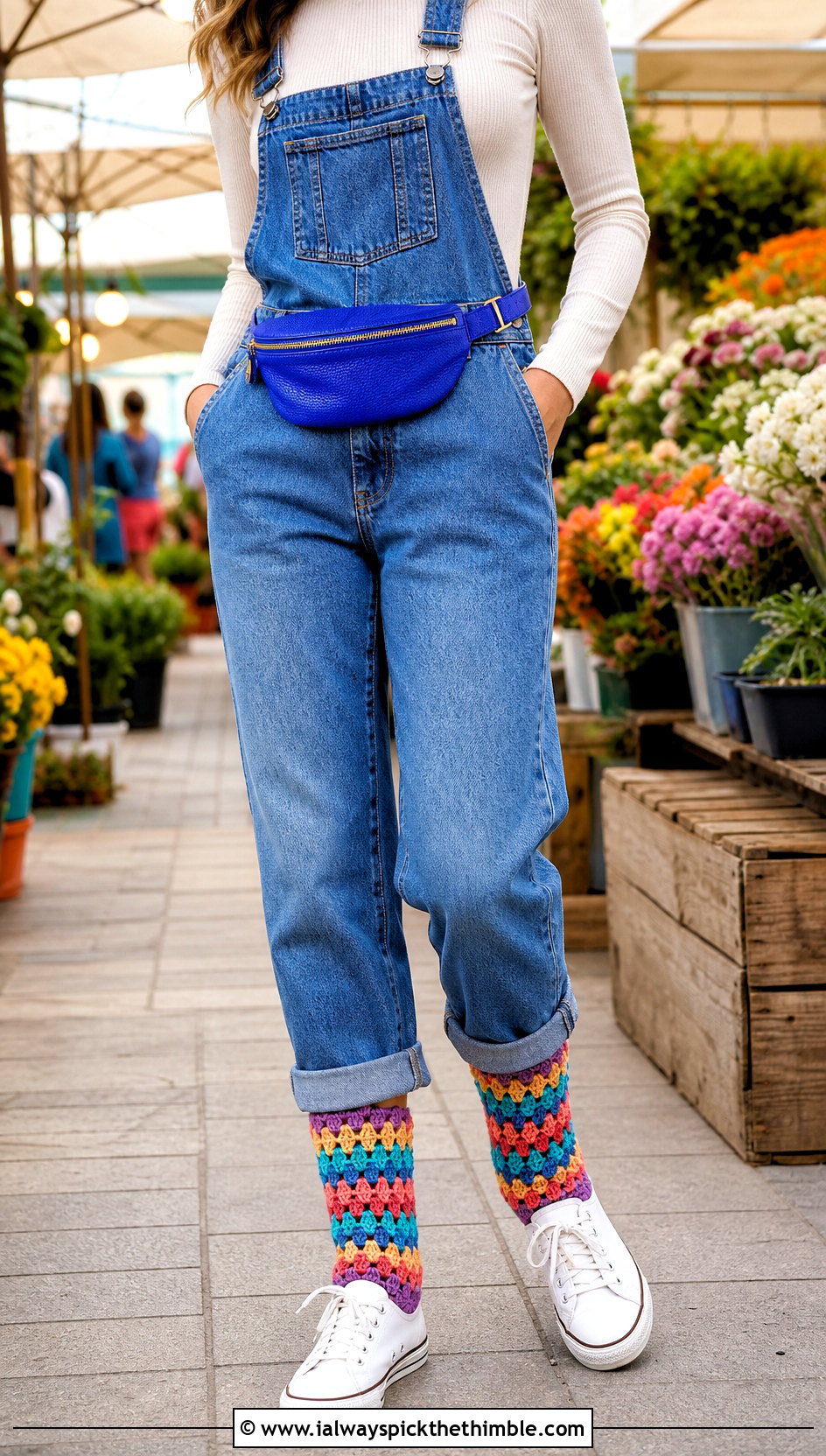 Granny Stripe Crochet Socks With Denim Overalls - 25 crochet sock outfit ideas