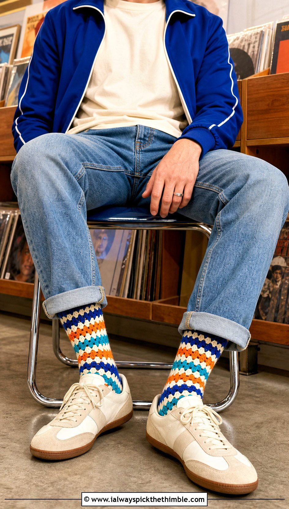 Granny Stripe Crochet Socks With Track Jacket And Jeans - 25 crochet socks for men outfit ideas