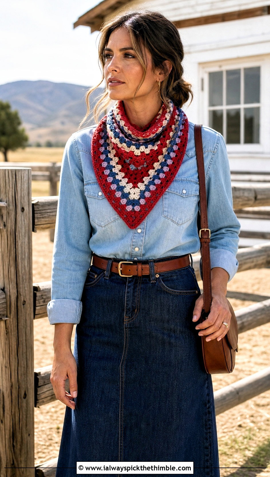 Granny Stripe Crochet Sophie Scarf With Western Shirt And Denim Skirt - 25 crochet sophie scarf outfit ideas