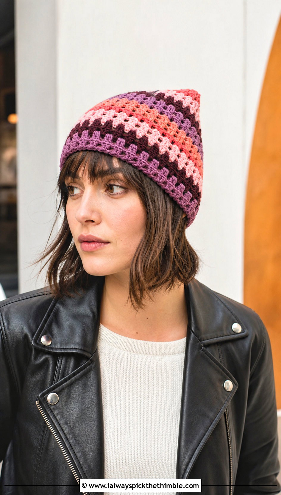 Granny Stripe Crochet Stocking Cap With Leather Jacket - 20 crochet stocking cap outfit ideas
