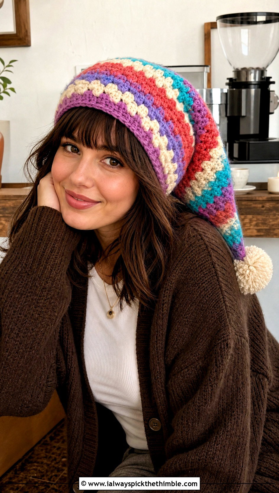Granny Stripe Crochet Stocking Hat With Cardigan And Flared Jeans - 20 easy crochet stocking hat outfit ideas
