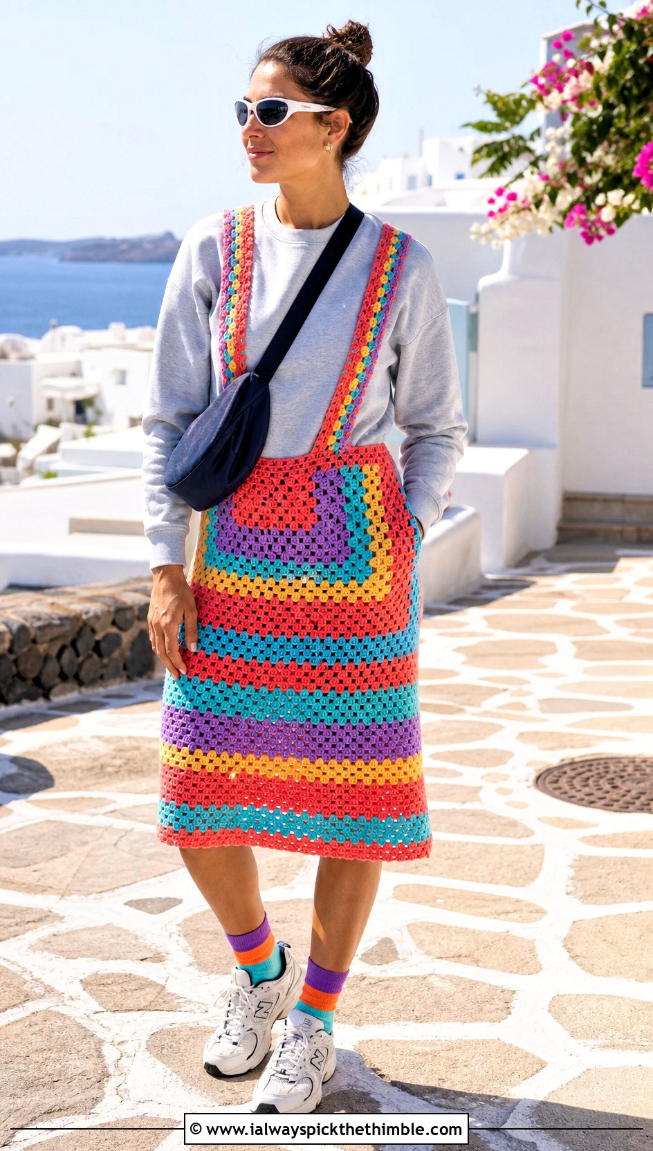 Granny Stripe Crochet Suspender Skirt With Sweatshirt - 20 crochet suspender skirt outfit ideas