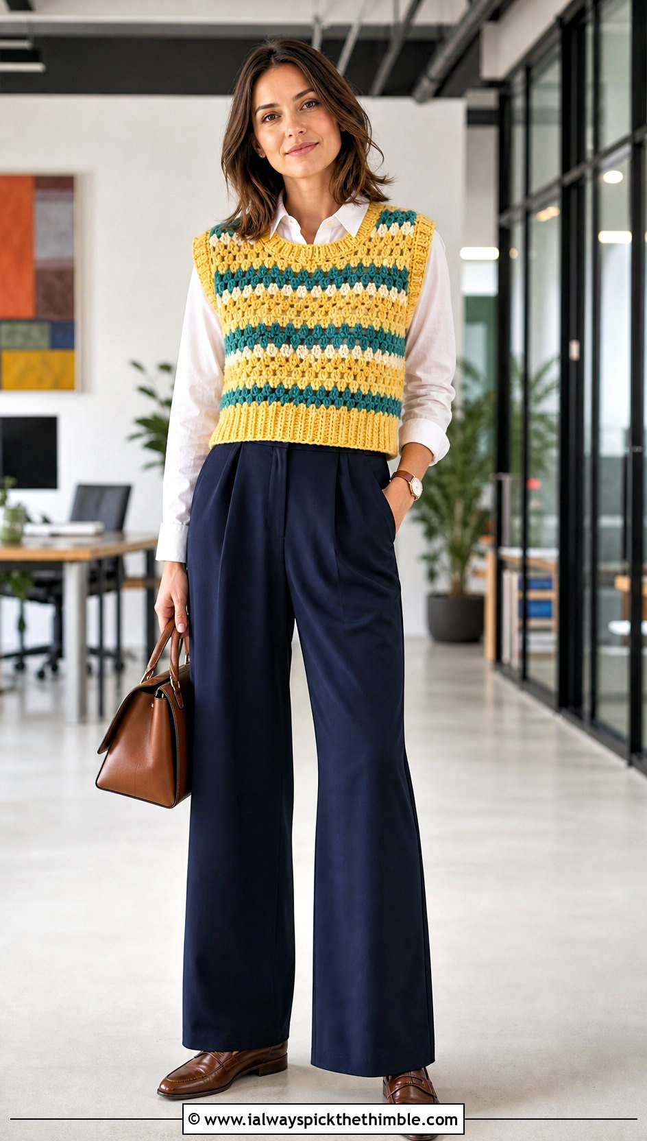 Granny Stripe Crochet Sweater Vest With Wide Leg Trousers - 20 easy crochet sweater vest outfit ideas