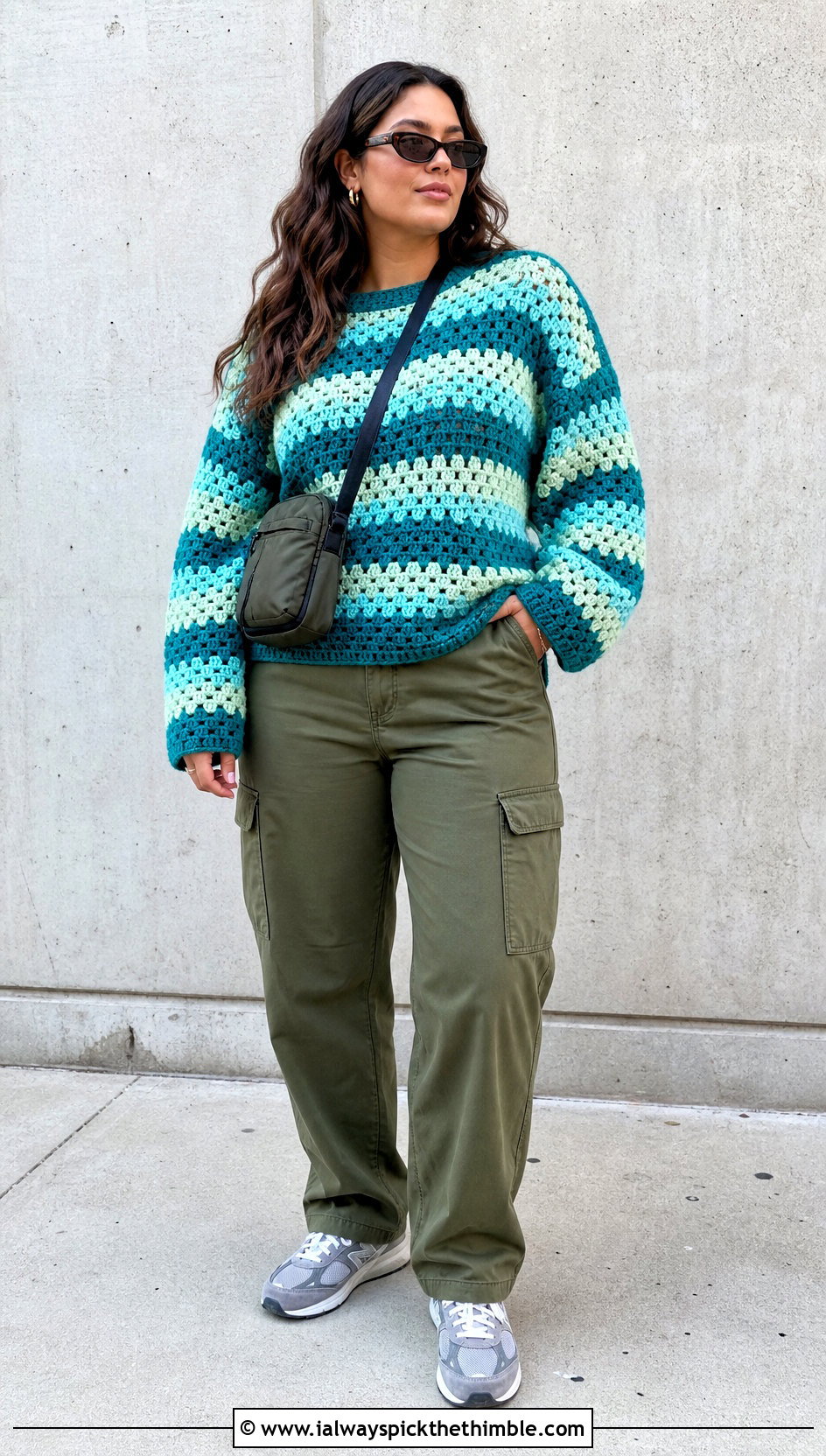 Granny Stripe Crochet Sweater With Cargo Pants - 20 striped crochet sweater outfit ideas