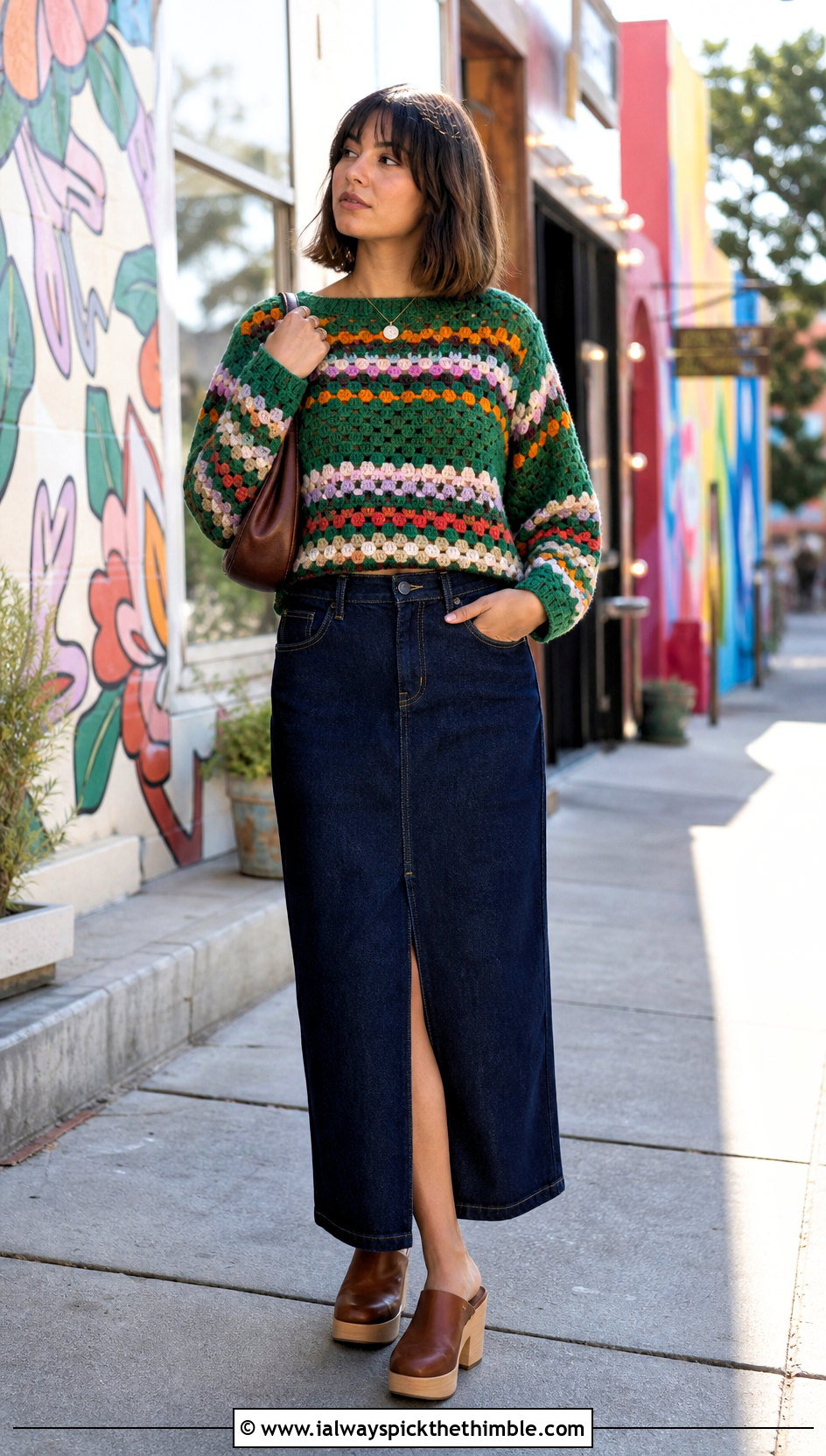 Granny Stripe Crochet Sweater With Denim Maxi Skirt - 20 90s crochet sweater outfit ideas