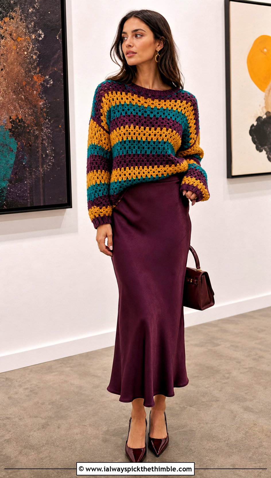 Granny Stripe Crochet Sweater With Satin Midi Skirt - 25 crochet striped sweater outfit ideas