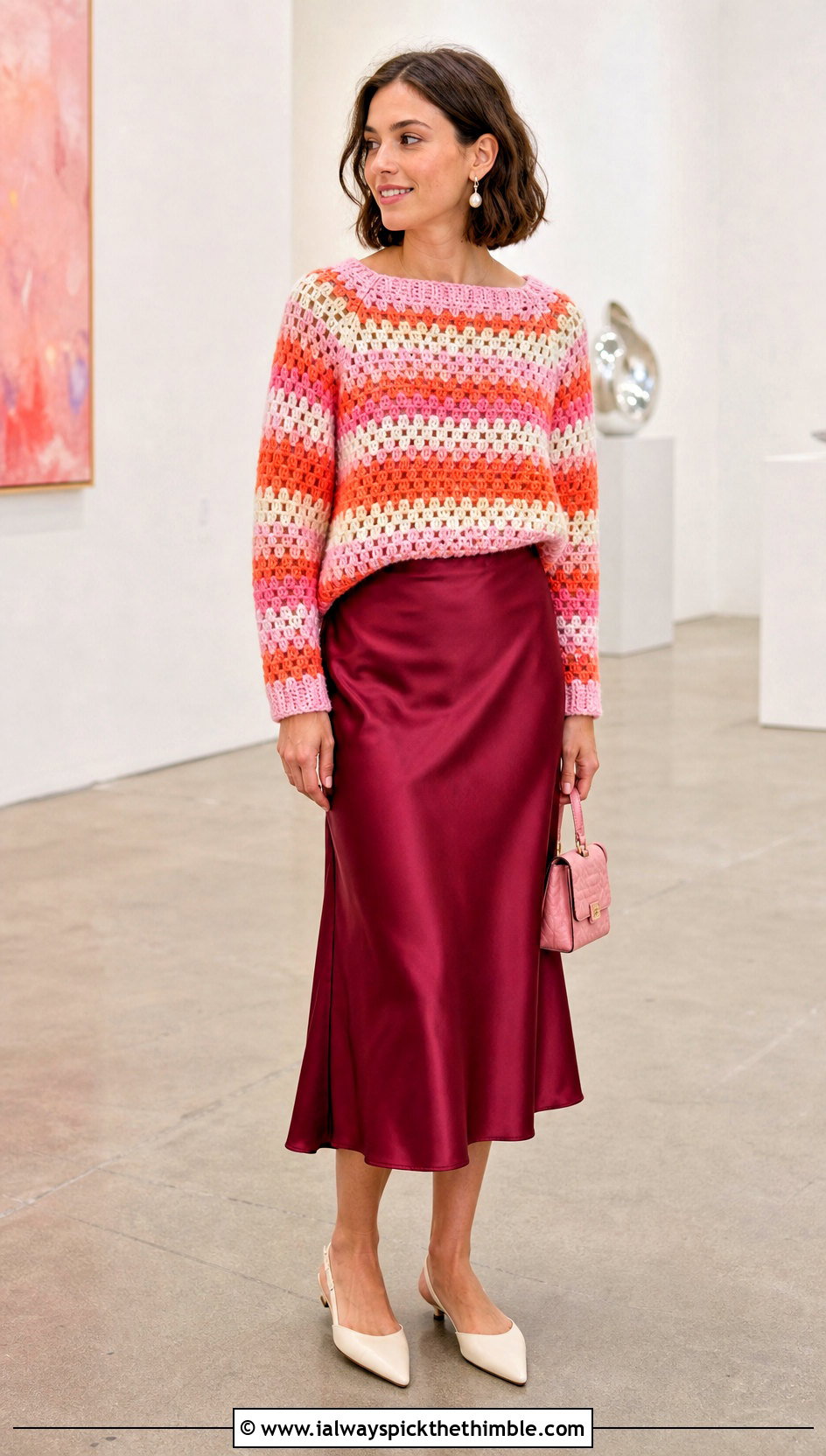 Granny Stripe Crochet Sweater With Satin Midi Skirt - 15 Crochet Stripped Sweater outfit ideas