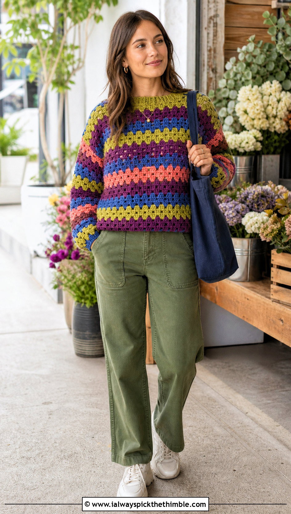 Granny Stripe Crochet Sweater With Utility Pants - 20 crochet sweater inspiration outfit ideas