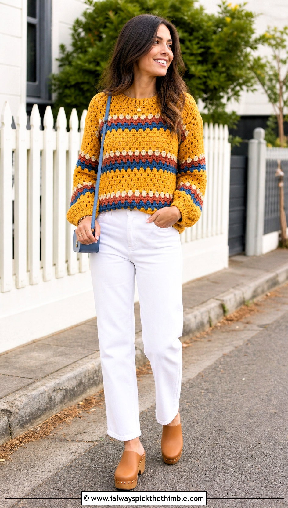 Granny Stripe Crochet Sweater With White Jeans - 25 easy crochet sweater outfit ideas