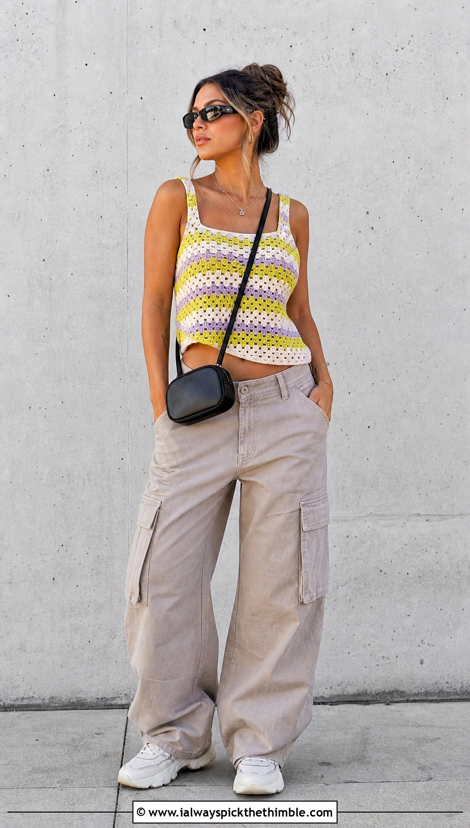 Granny Stripe Crochet Tank Top With Cargo Pants - 25 striped crochet top outfit ideas