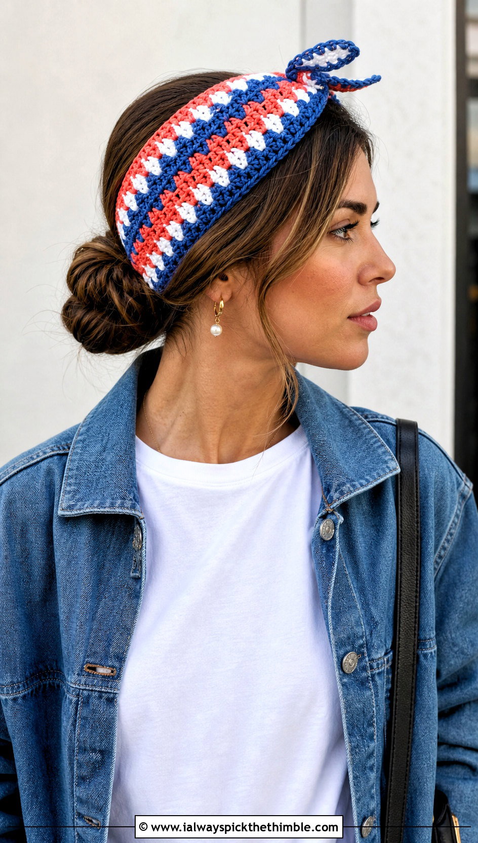 Granny Stripe Crochet Tie Headband With Denim Jacket - 25 crochet tie headband outfit ideas