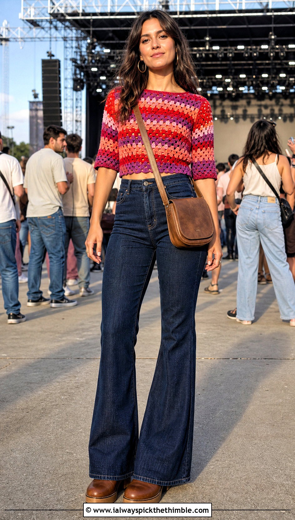 Granny Stripe Crochet Top With Flared Jeans - 25 hippie crochet top outfit ideas