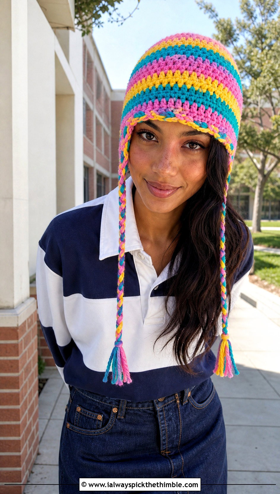 Granny Stripe Crochet Tube Hat With Rugby Shirt - 20 Crochet Tube Hat outfit ideas