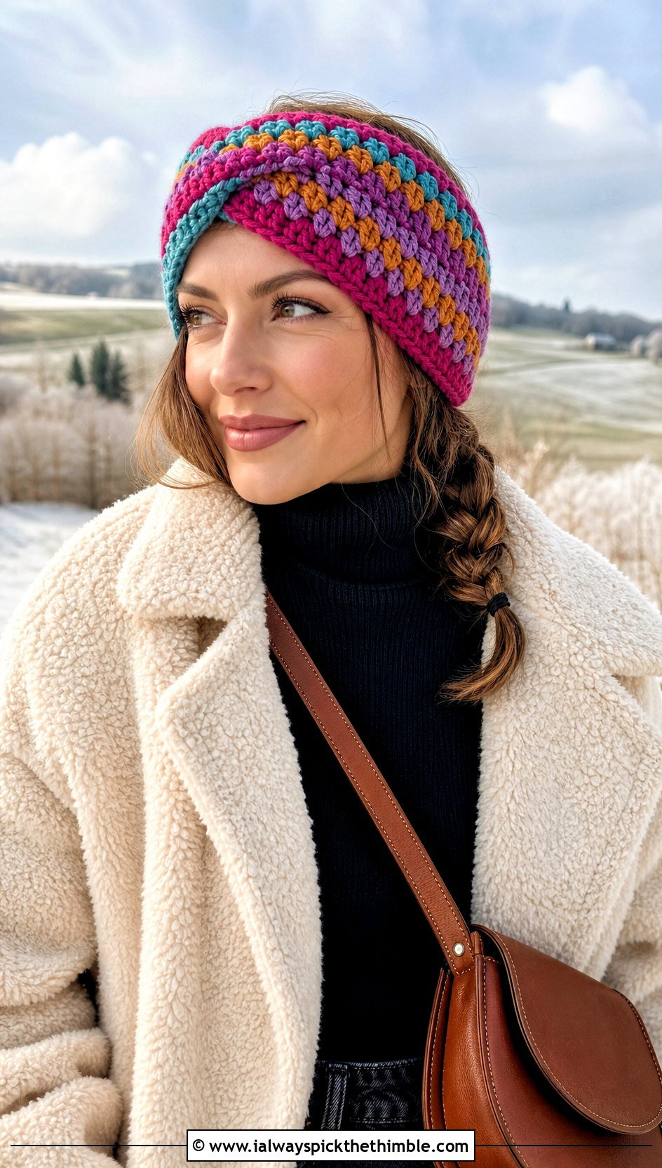 Granny Stripe Crochet Twisted Ear Warmer With Shearling Coat - 25 crochet twisted ear warmer outfit ideas