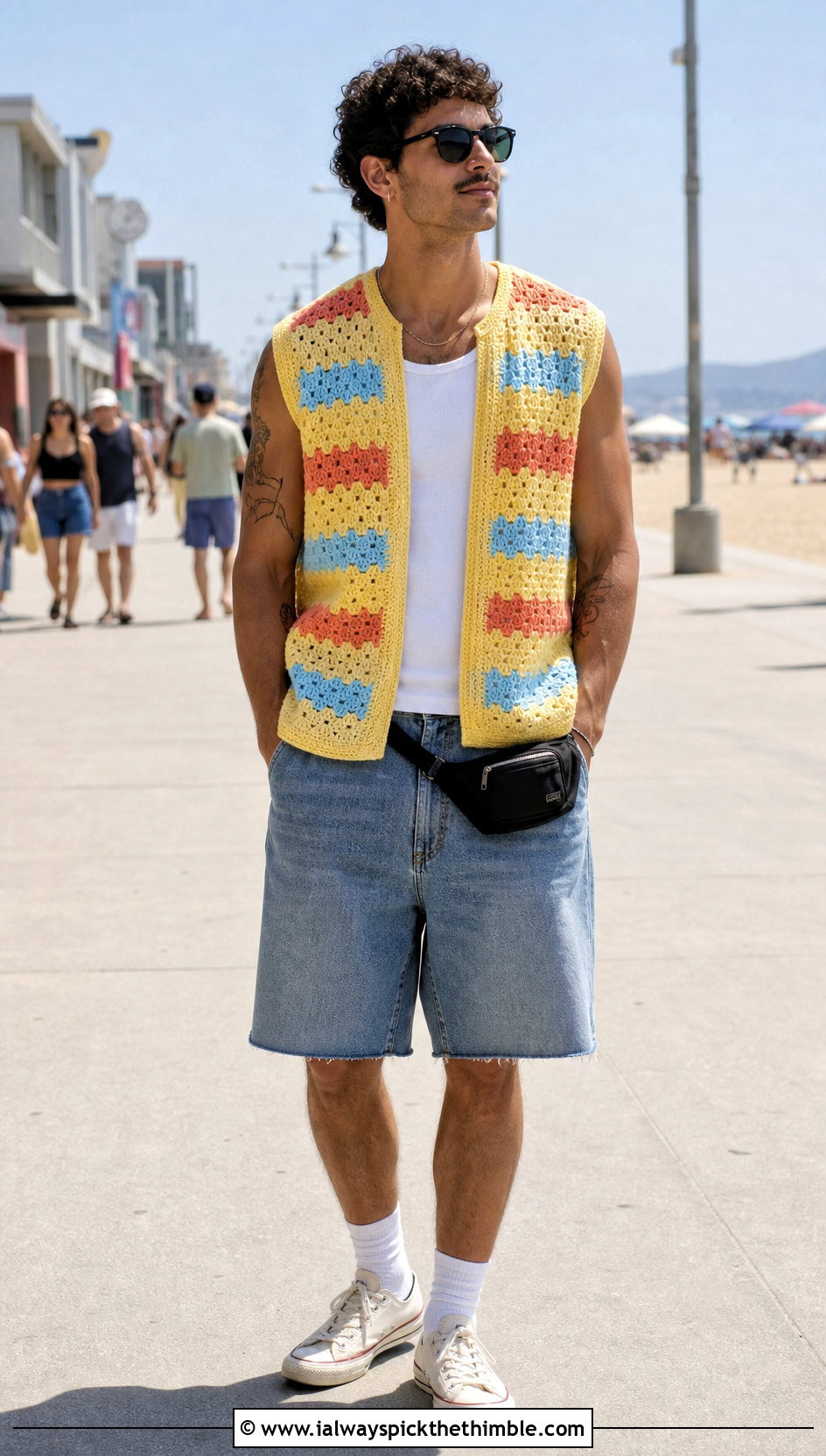 Granny Stripe Crochet Vest With Denim Shorts - 25 crochet vest for men outfit ideas