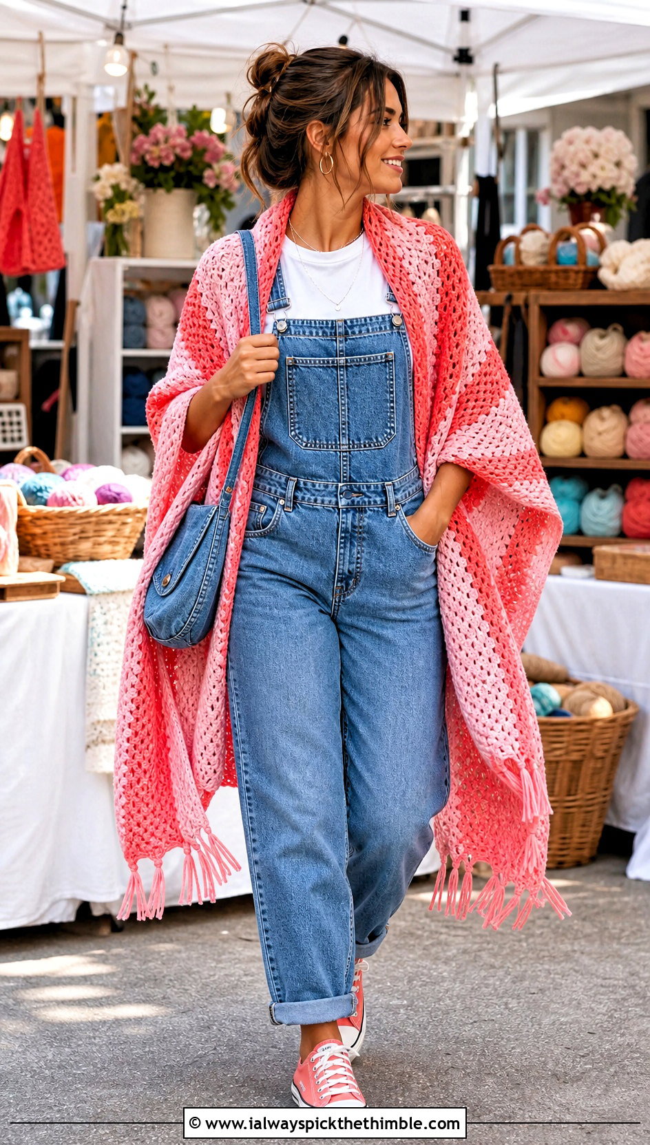 Granny Stripe Crochet Wrap With Denim Overalls - 25 crochet wrap outfit ideas
