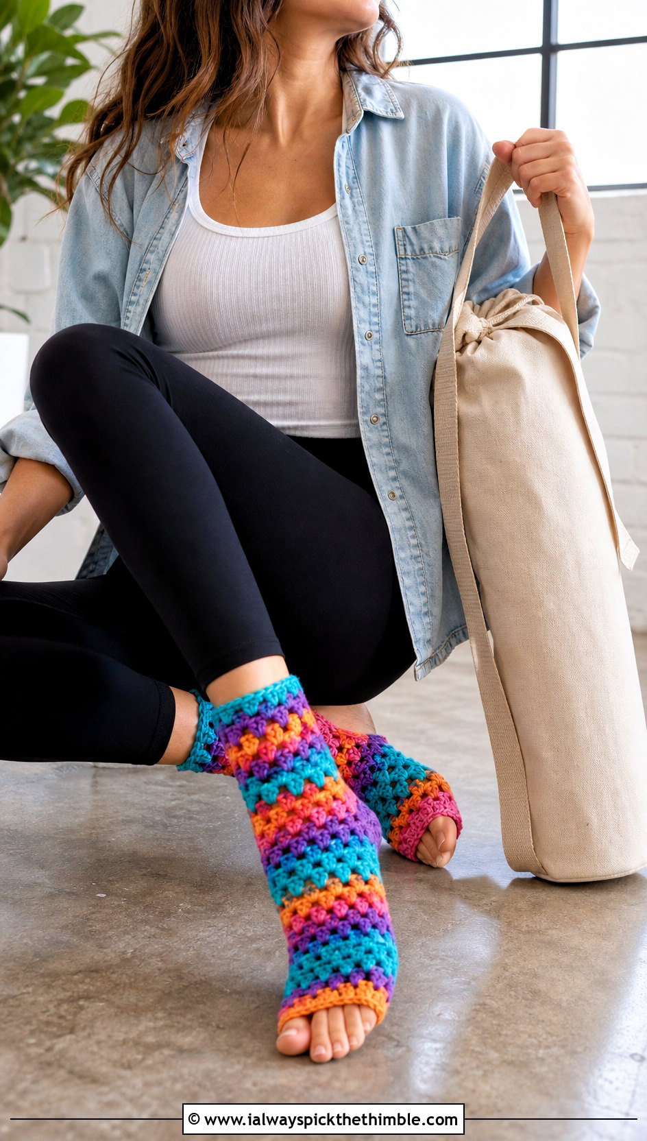 Granny Stripe Crochet Yoga Socks With A Denim Shirt - 25 crochet yoga socks outfit ideas