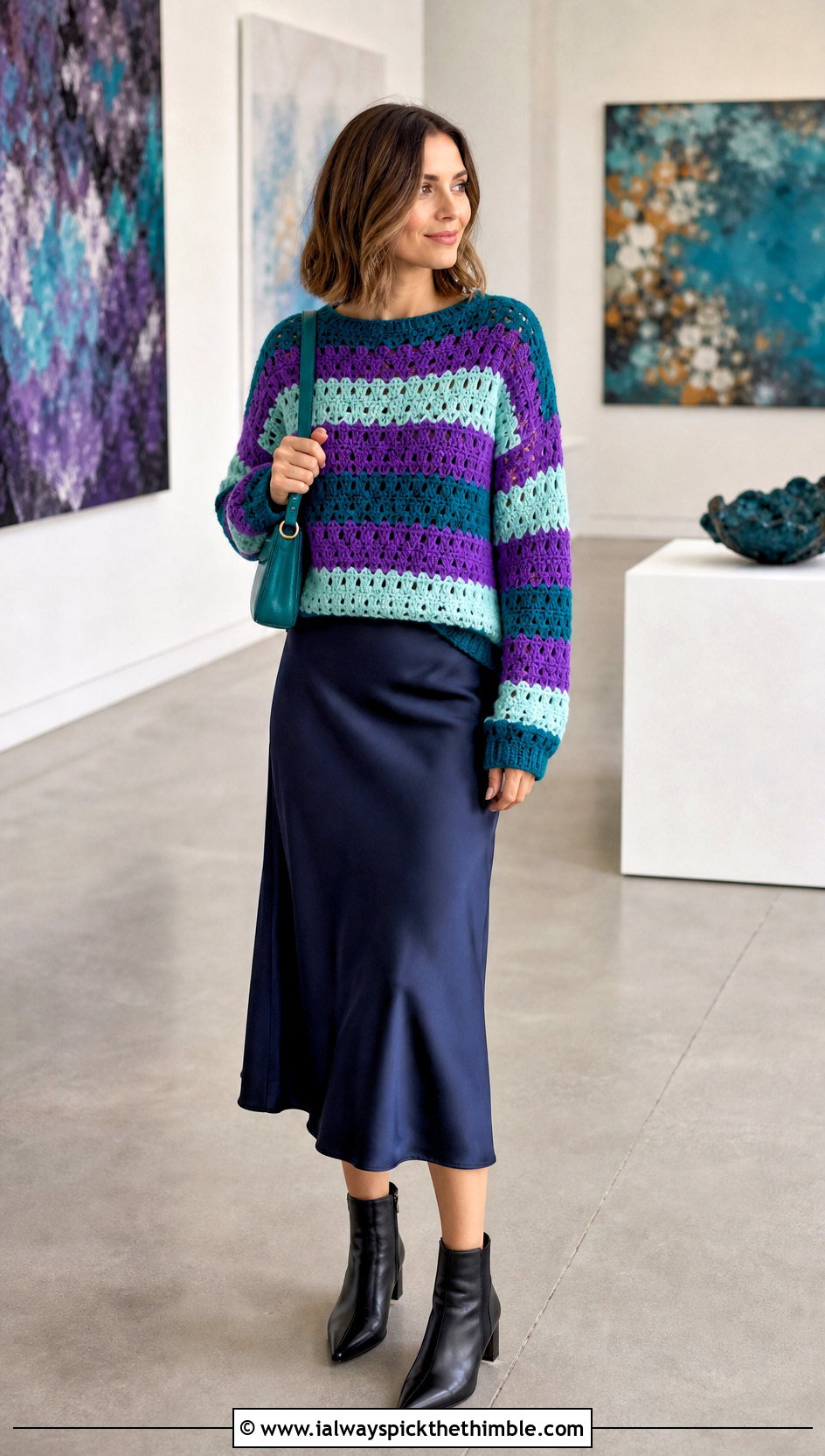 Granny Stripe Crocheted Sweater With Satin Midi Skirt - 20 Crocheted Striped Sweater outfit ideas