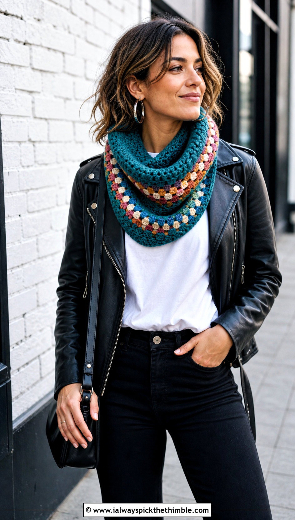 Granny Stripe Crossbody Crochet Cowl With Leather Jacket - 15 Crossbody Crochet Cowl outfit ideas