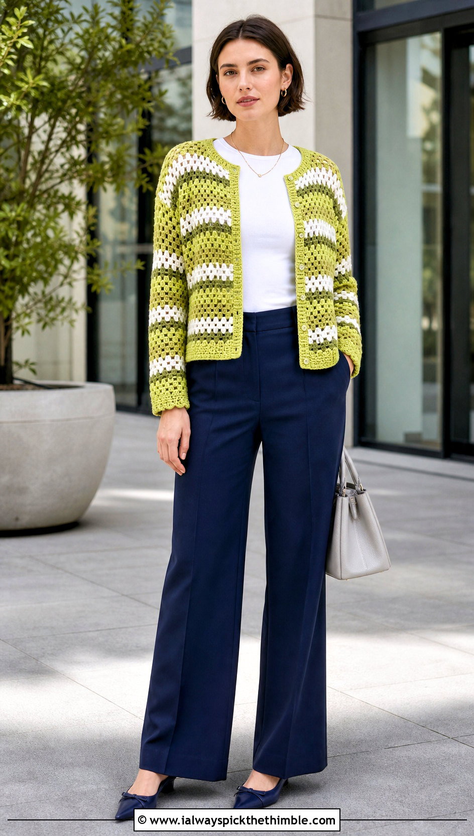 Granny Stripe Double Crochet Cardigan With Wide Leg Trousers - 20 Double Crochet Cardigan outfit ideas