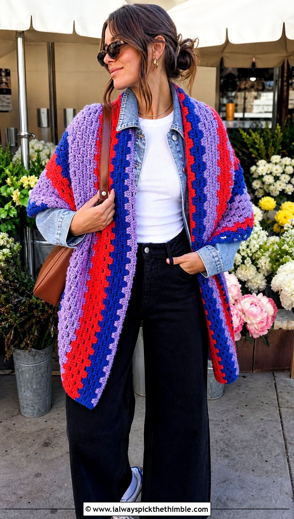 Granny Stripe Double Crochet Shawl With Denim Jacket - 20 Double Crochet Shawl outfit ideas