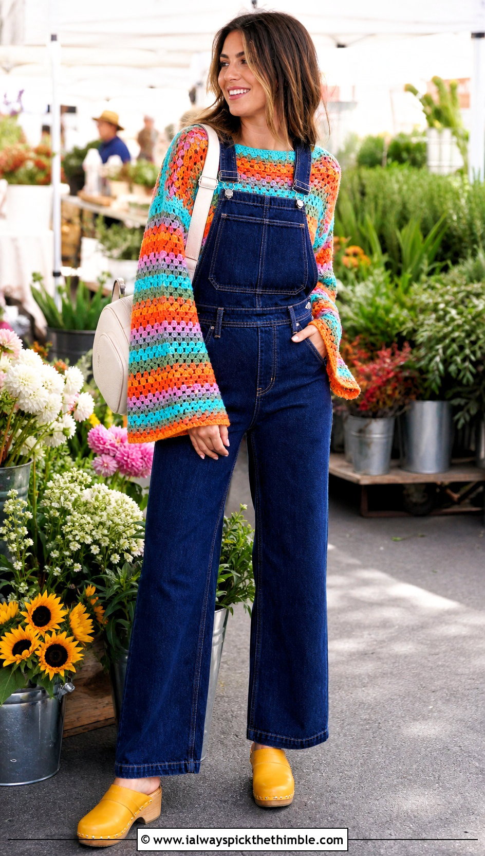 Granny Stripe Flare Sleeve Crochet Top With Denim Overalls - 20 Crochet Top With Flare Sleeves outfit ideas